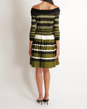 Prada Khaki, Navy & White Striped Mid-Sleeve Off-Shoulder Dress Size IT 40 (UK 8)