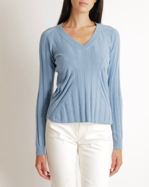 Loro Piana Blue Cashmere V Neck Knitted Jumper Size IT 38 (UK 6)