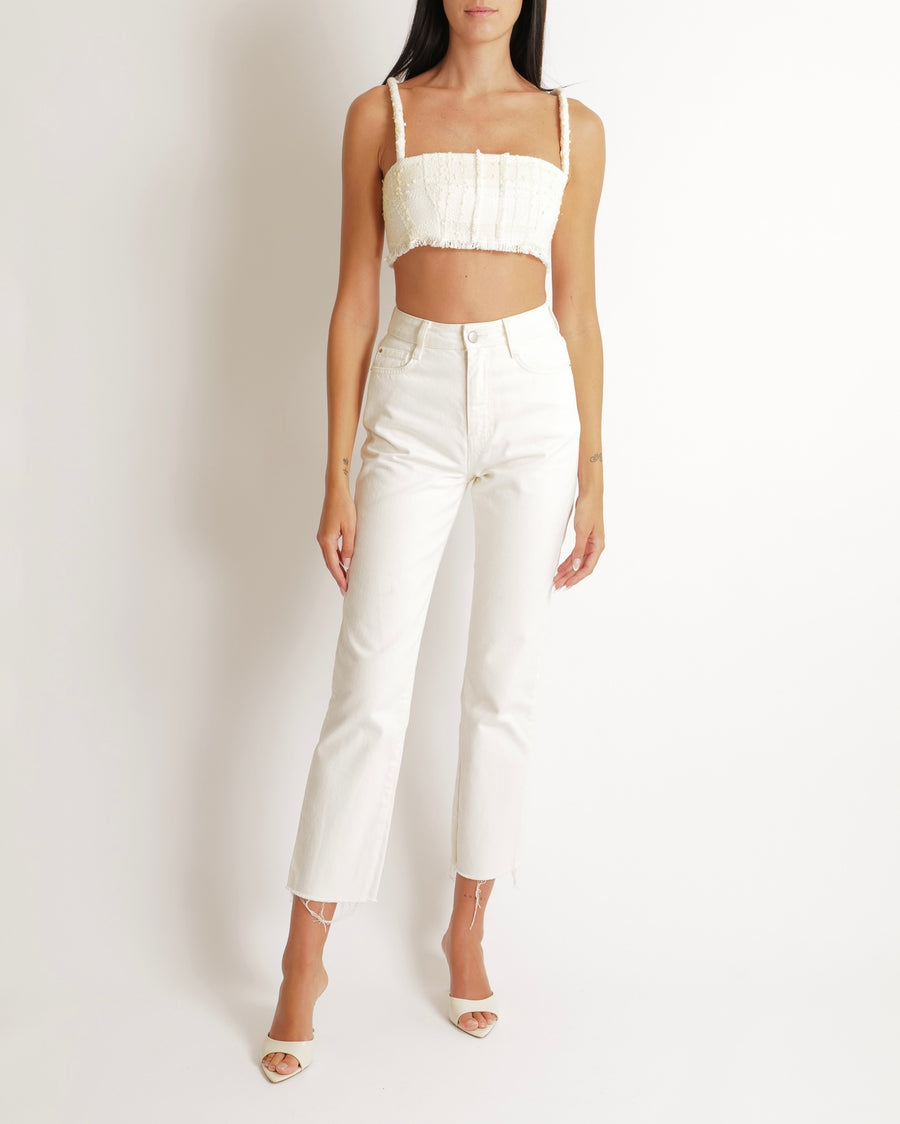 Alexis Cream and Butter Yellow Tweed Cropped Top with Fringe Trim Detail Size M (UK 10)