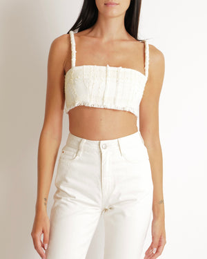 Alexis Cream and Butter Yellow Tweed Cropped Top with Fringe Trim Detail Size M (UK 10)