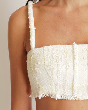 Alexis Cream and Butter Yellow Tweed Cropped Top with Fringe Trim Detail Size M (UK 10)