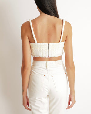 Alexis Cream and Butter Yellow Tweed Cropped Top with Fringe Trim Detail Size M (UK 10)