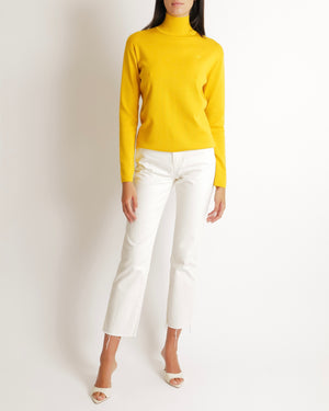 Hermès Yellow Silk and Cashmere High Neck Jumper with Embroidered Logo Size FR 34 (UK 6)