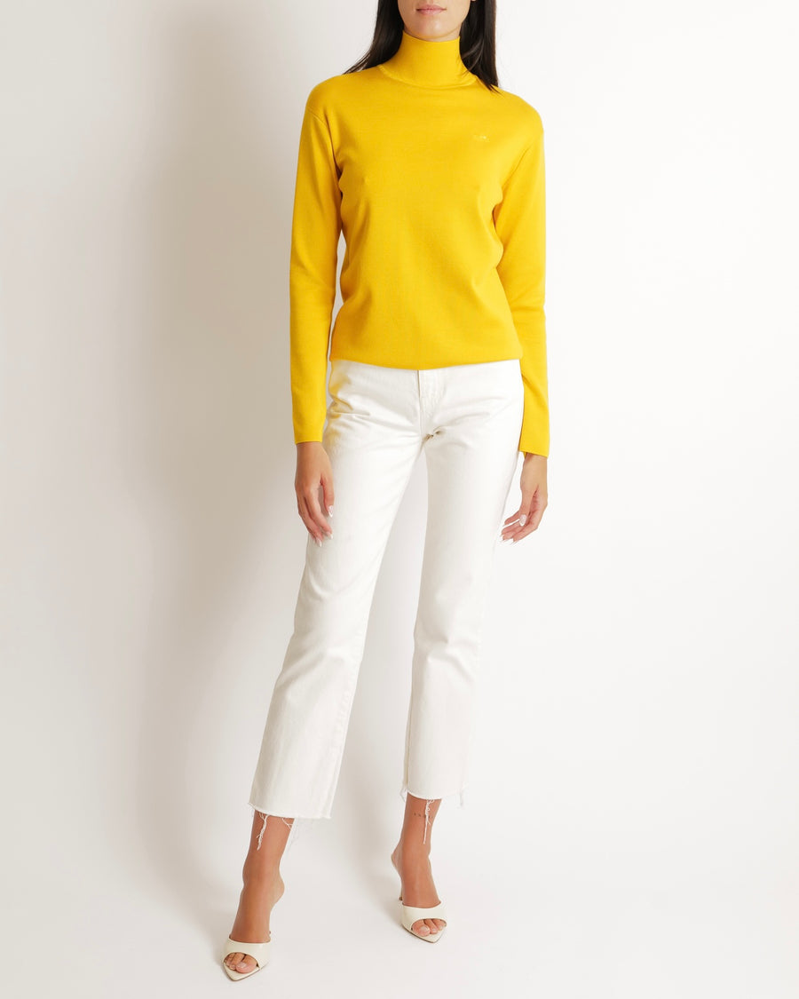 Hermès Yellow Silk and Cashmere High Neck Jumper with Embroidered Logo Size FR 34 (UK 6)