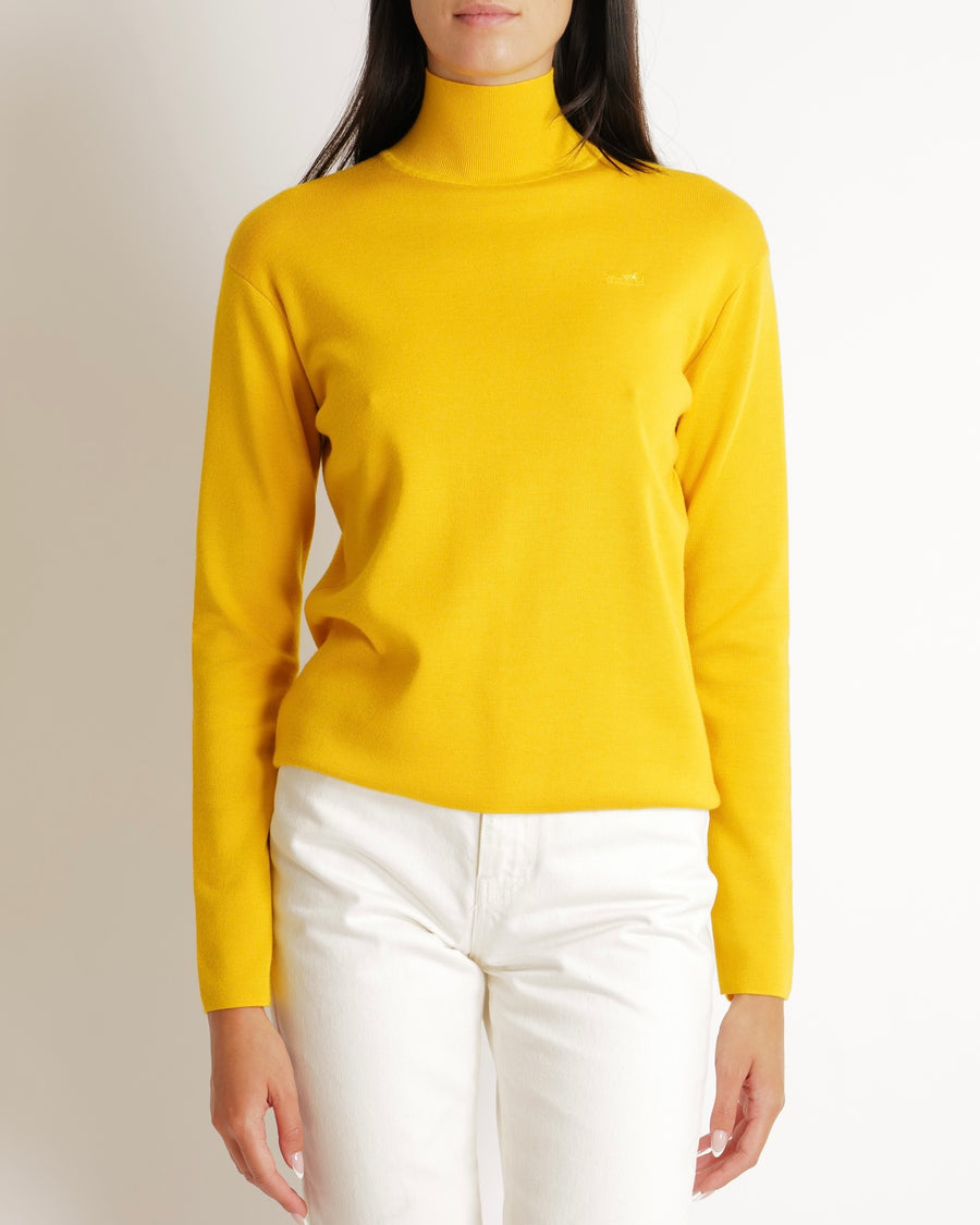 Hermès Yellow Silk and Cashmere High Neck Jumper with Embroidered Logo Size FR 34 (UK 6)