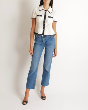 Self Portrait Cream Knit Top with Navy Trim Detail and Gold Buttons Size S (UK 8) RRP £285