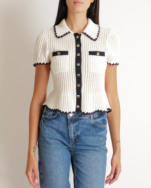 Self Portrait Cream Knit Top with Navy Trim Detail and Gold Buttons Size S (UK 8) RRP £285