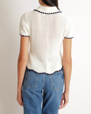 Self Portrait Cream Knit Top with Navy Trim Detail and Gold Buttons Size S (UK 8) RRP £285
