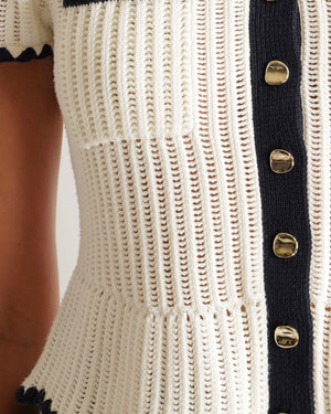 Self Portrait Cream Knit Top with Navy Trim Detail and Gold Buttons Size S (UK 8) RRP £285