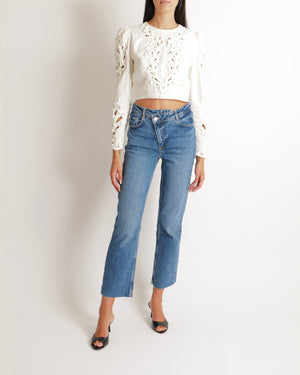 Zimmermann White Linen Long Sleeved Top with Embroideries and Bead Details Size 1 (UK 10)