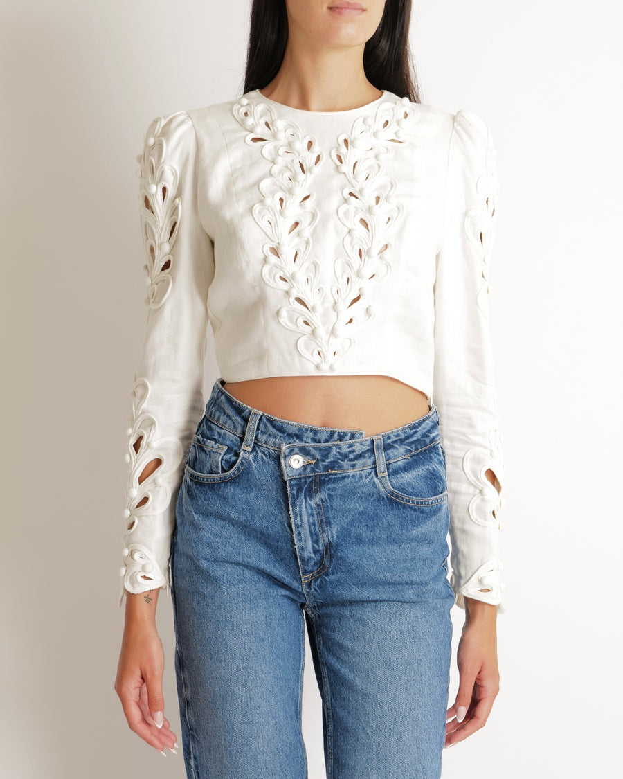 Zimmermann White Linen Long Sleeved Top with Embroideries and Bead Details Size 1 (UK 10)