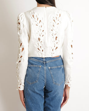 Zimmermann White Linen Long Sleeved Top with Embroideries and Bead Details Size 1 (UK 10)