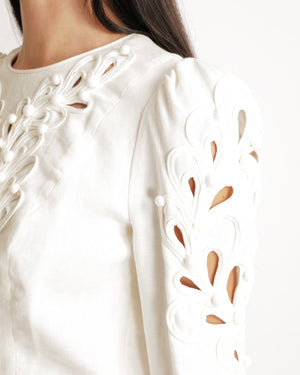 Zimmermann White Linen Long Sleeved Top with Embroideries and Bead Details Size 1 (UK 10)
