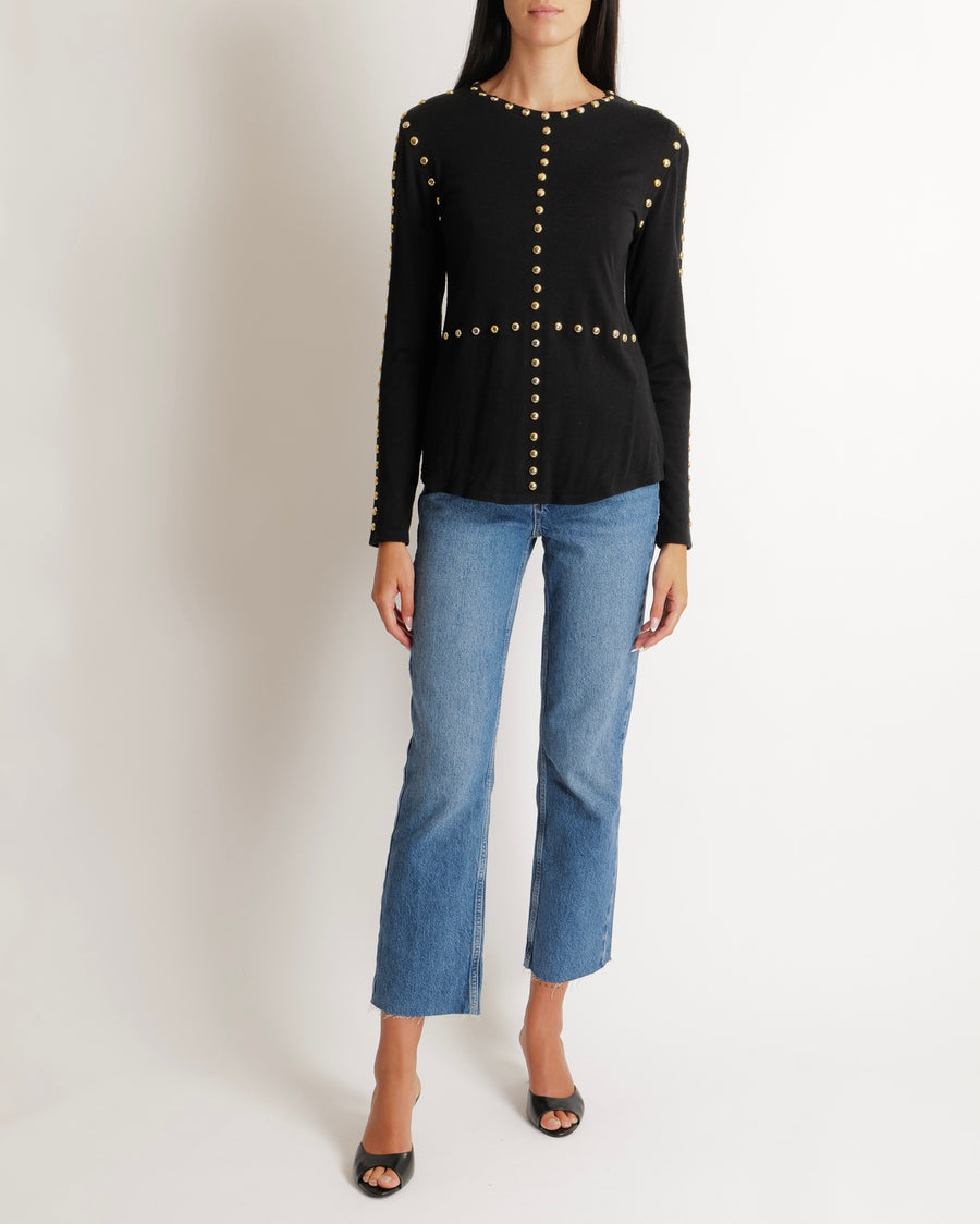Balmain Black Long-Sleeve Jumper with Gold Studs Details Size FR 40 (UK 12)