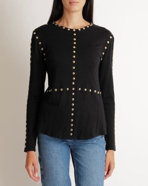 Balmain Black Long-Sleeve Jumper with Gold Studs Details Size FR 40 (UK 12)