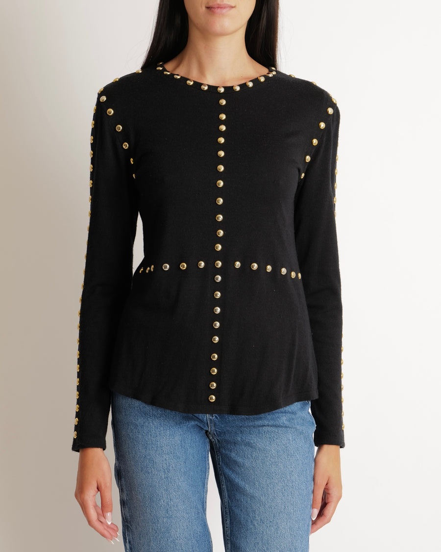 Balmain Black Long-Sleeve Jumper with Gold Studs Details Size FR 40 (UK 12)