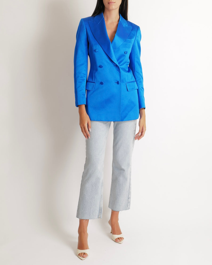 Gucci Electric Blue Silk Double Breasted Blazer Jacket Size IT 38 (UK 6)