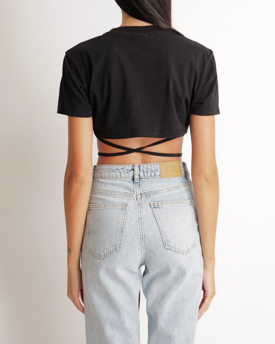 Jacquemus Black Cropped Le T-Shirt Baci with Strings Detail Size M (UK 10)