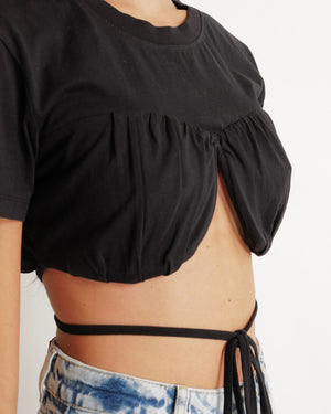 Jacquemus Black Cropped Le T-Shirt Baci with Strings Detail Size M (UK 10)