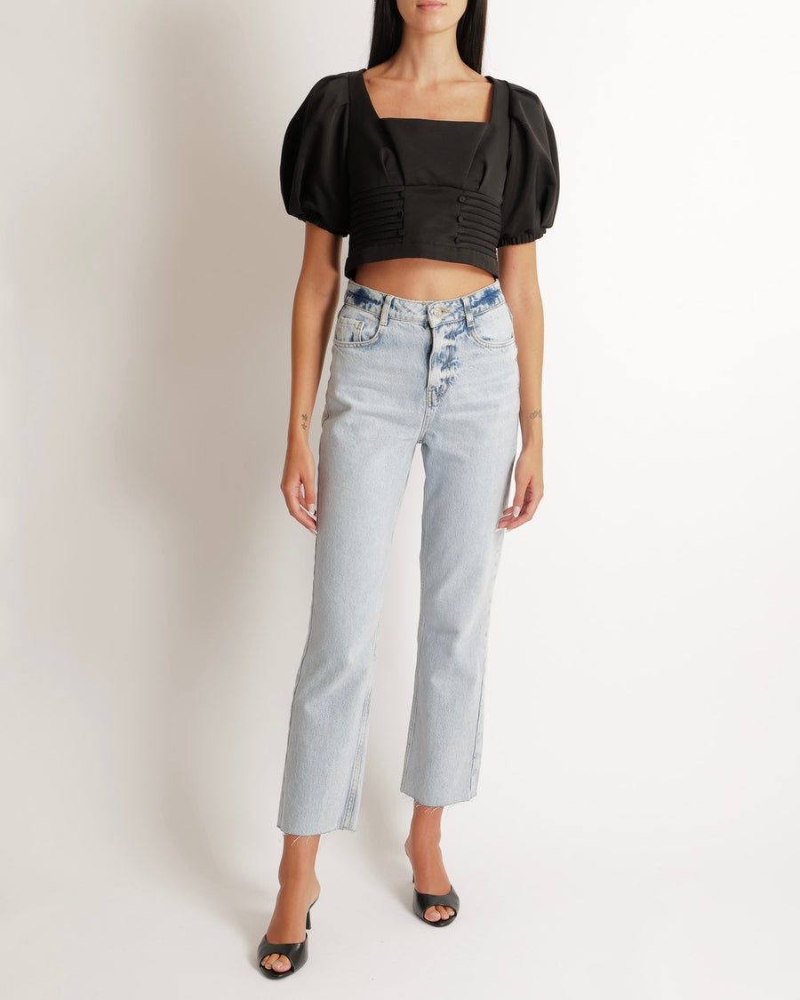 Self Portrait Black Ottoman Square Neck Cropped Top with Puff Sleeves and Open Back Detail Size UK 14 RRP £215