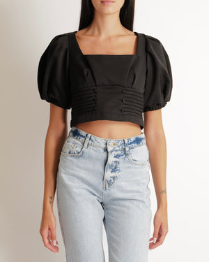 Self Portrait Black Ottoman Square Neck Cropped Top with Puff Sleeves and Open Back Detail Size UK 14 RRP £215