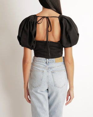 Self Portrait Black Ottoman Square Neck Cropped Top with Puff Sleeves and Open Back Detail Size UK 14 RRP £215