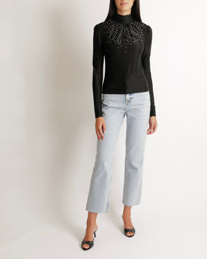 Paco Rabanne Black Crystal Embellished Long Sleeved Top with Rouched Neck Detail Size FR 38 (UK 10) RRP £500