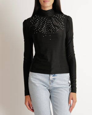 Paco Rabanne Black Crystal Embellished Long Sleeved Top with Rouched Neck Detail Size FR 38 (UK 10) RRP £500