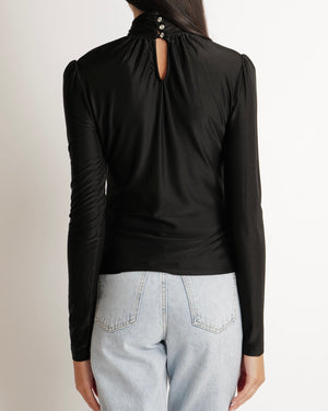 Paco Rabanne Black Crystal Embellished Long Sleeved Top with Rouched Neck Detail Size FR 38 (UK 10) RRP £500
