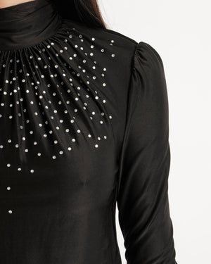 Paco Rabanne Black Crystal Embellished Long Sleeved Top with Rouched Neck Detail Size FR 38 (UK 10) RRP £500