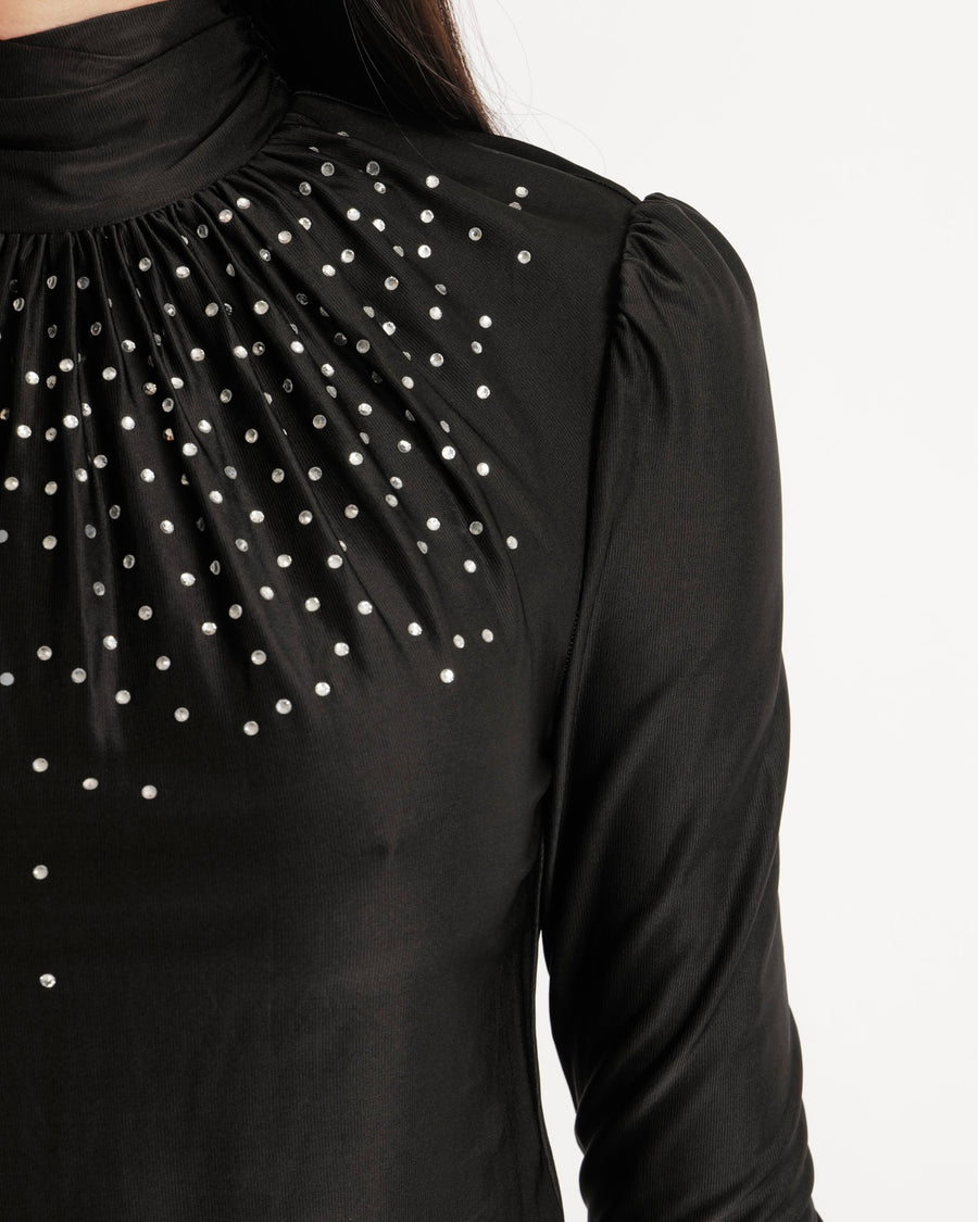 Paco Rabanne Black Crystal Embellished Long Sleeved Top with Rouched Neck Detail Size FR 38 (UK 10) RRP £500