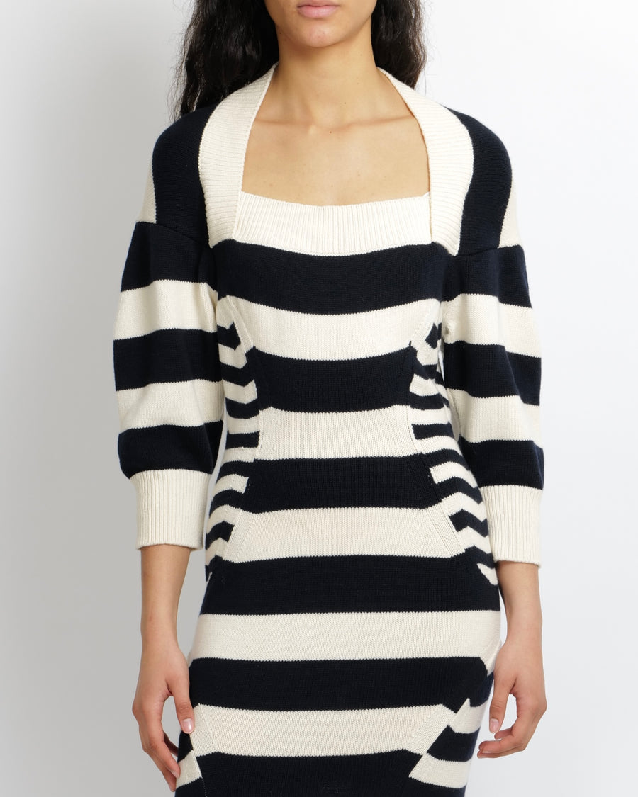 Alexander Mcqueen Navy and Cream Cashmere-Blend Knit Striped Maxi Dress Size M (UK 10) RRP £1,390