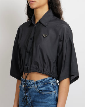 Prada Black Cropped Shirt with Drawstring Detail and Logo Plate Size 40 (UK 8) RRP £1,450