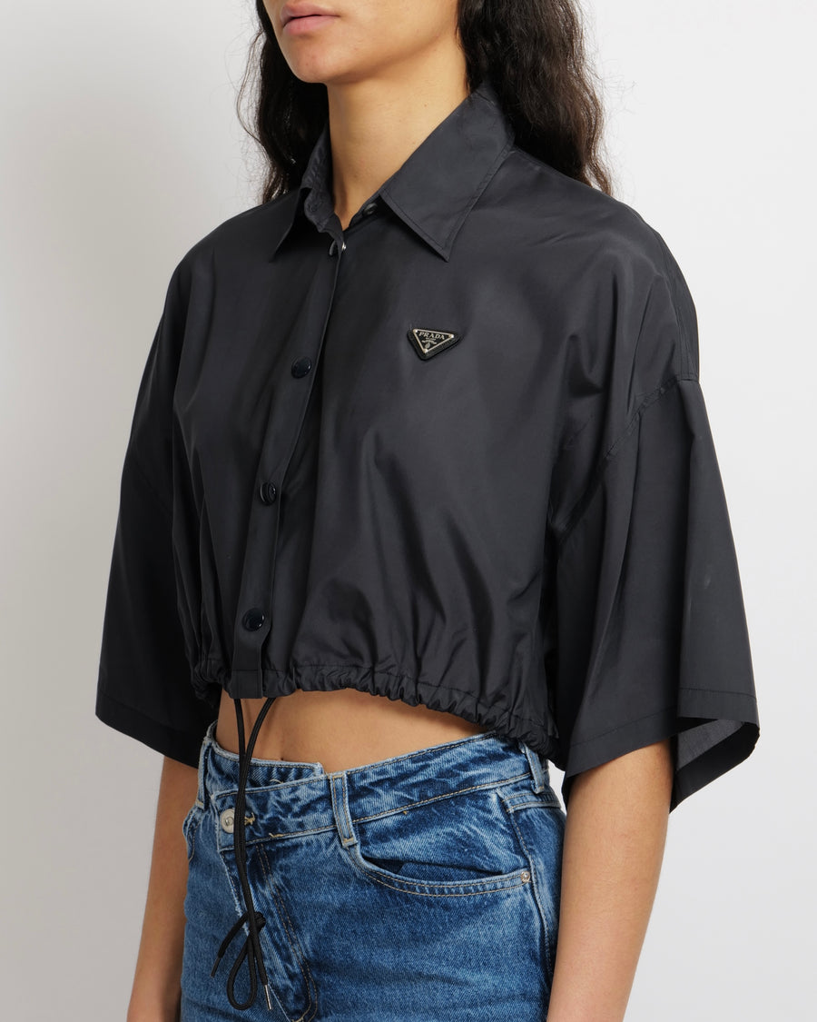 Prada Black Cropped Shirt with Drawstring Detail and Logo Plate Size 40 (UK 8) RRP £1,450