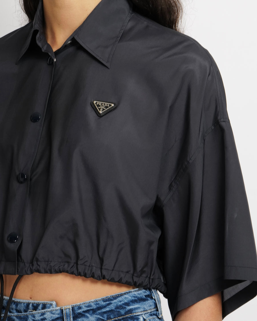 Prada Black Cropped Shirt with Drawstring Detail and Logo Plate Size 40 (UK 8) RRP £1,450