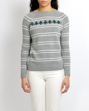 Loro Piana Grey Cashmere Jumper with White Stripes and Green Bead Embellished Tree Embroideries Size IT 38 (UK 6)