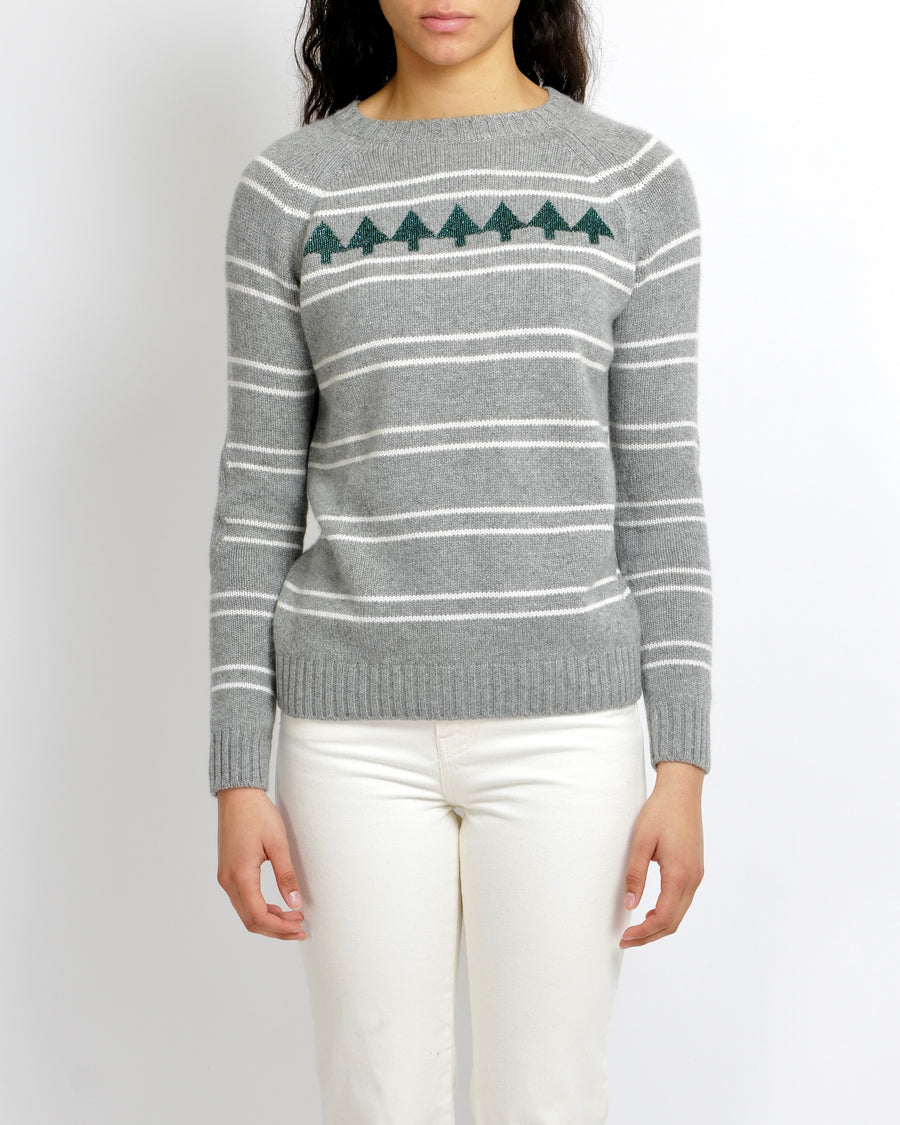Loro Piana Grey Cashmere Jumper with White Stripes and Green Bead Embellished Tree Embroideries Size IT 38 (UK 6)