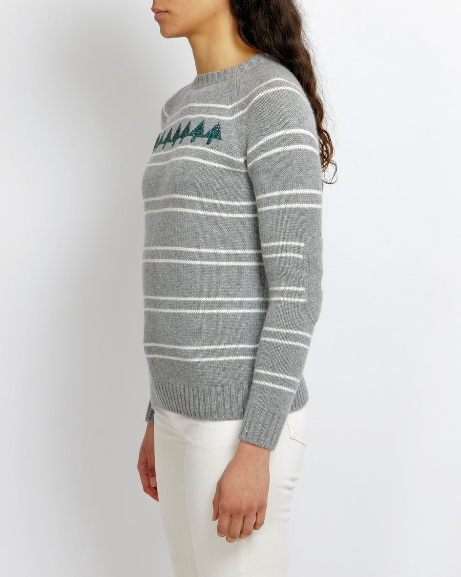 Loro Piana Grey Cashmere Jumper with White Stripes and Green Bead Embellished Tree Embroideries Size IT 38 (UK 6)