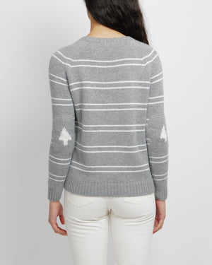 Loro Piana Grey Cashmere Jumper with White Stripes and Green Bead Embellished Tree Embroideries Size IT 38 (UK 6)