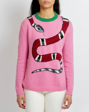 Gucci Pink Wool Jumper with Red Collar and Red Snake Detailing Size S (UK 8)