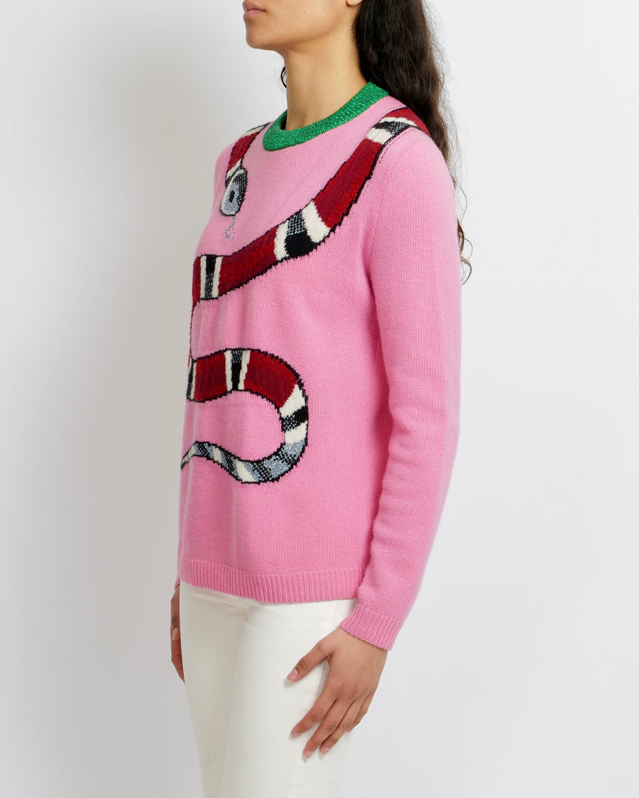 Gucci Pink Wool Jumper with Red Collar and Red Snake Detailing Size S (UK 8)