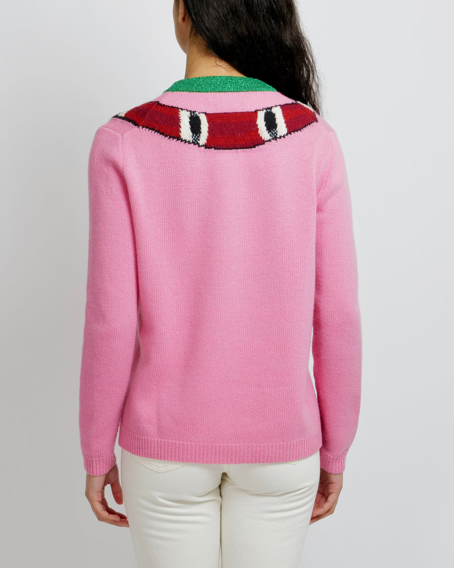 Gucci Pink Wool Jumper with Red Collar and Red Snake Detailing Size S (UK 8)