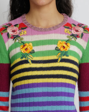 Gucci Multicolour Striped Wool and Cashmere Jumper with Floral Appliqué Details Size S (UK 8)