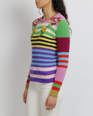Gucci Multicolour Striped Wool and Cashmere Jumper with Floral Appliqué Details Size S (UK 8)