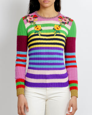 Gucci Multicolour Striped Wool and Cashmere Jumper with Floral Appliqué Details Size S (UK 8)