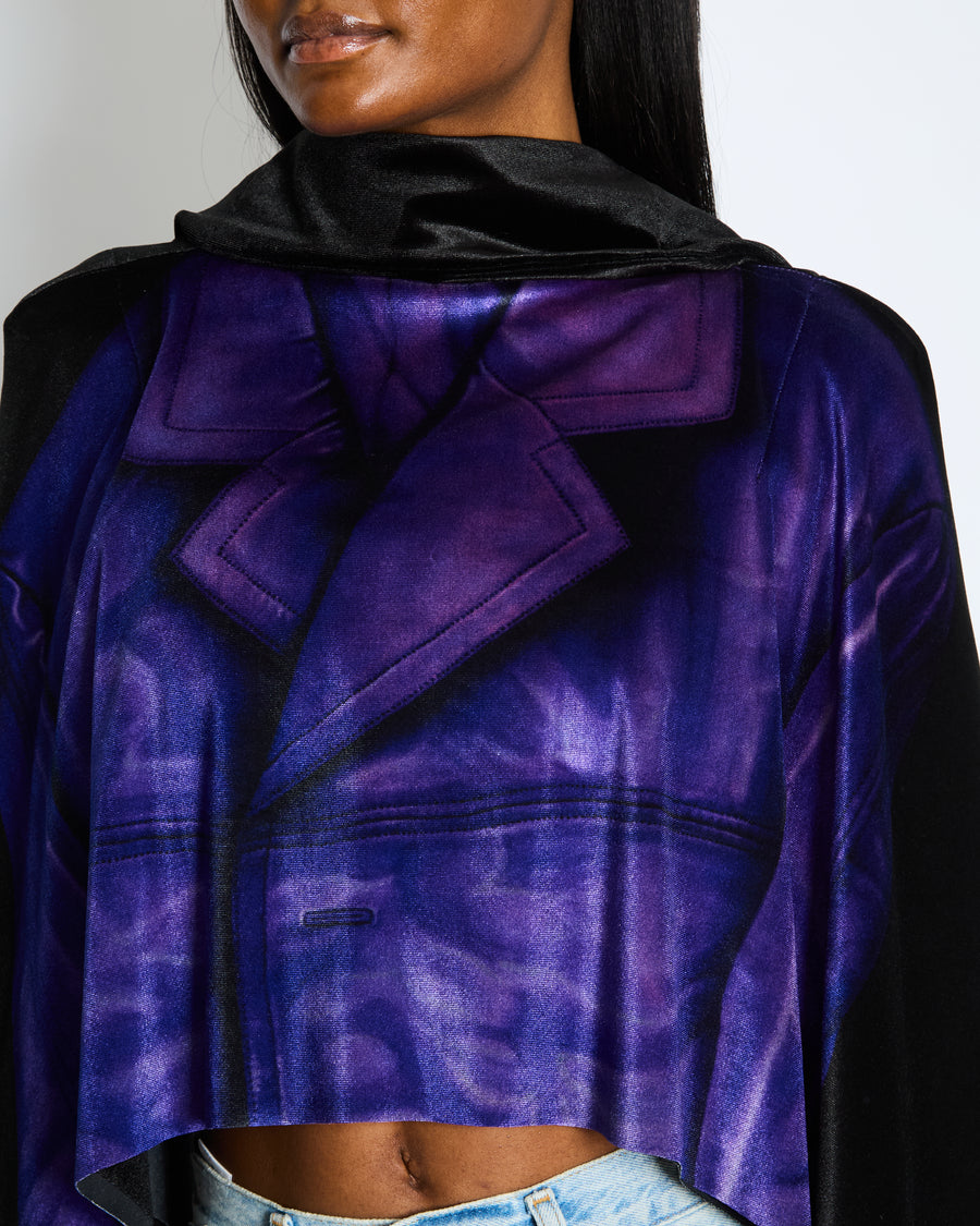 Loewe Black Purple Velvet Printed Draped Open Back Top Size FR 36 (UK 8)