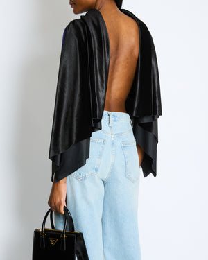 Loewe Black Purple Velvet Printed Draped Open Back Top Size FR 36 (UK 8)