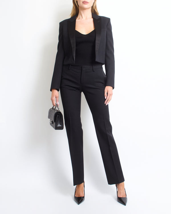 Saint Laurent Black Cropped Tuxedo Jacket with Matching Suit Trousers with Satin Detail FR 36 (UK 8)