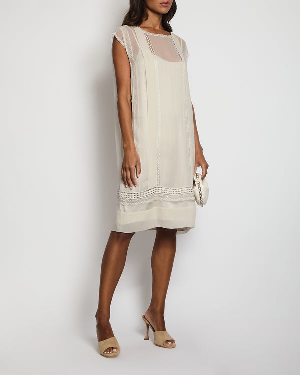 Alberta Ferretti Off White Tunic Crepe Silk Dress with Lace Detail IT 46 (UK 14)