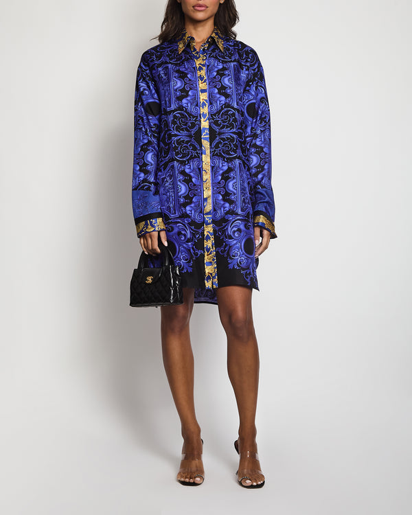 Versace Electric Blue and Gold Barocco Silk Shirt Dress with Gold Medusa Buttons Size IT 46 (UK 14)